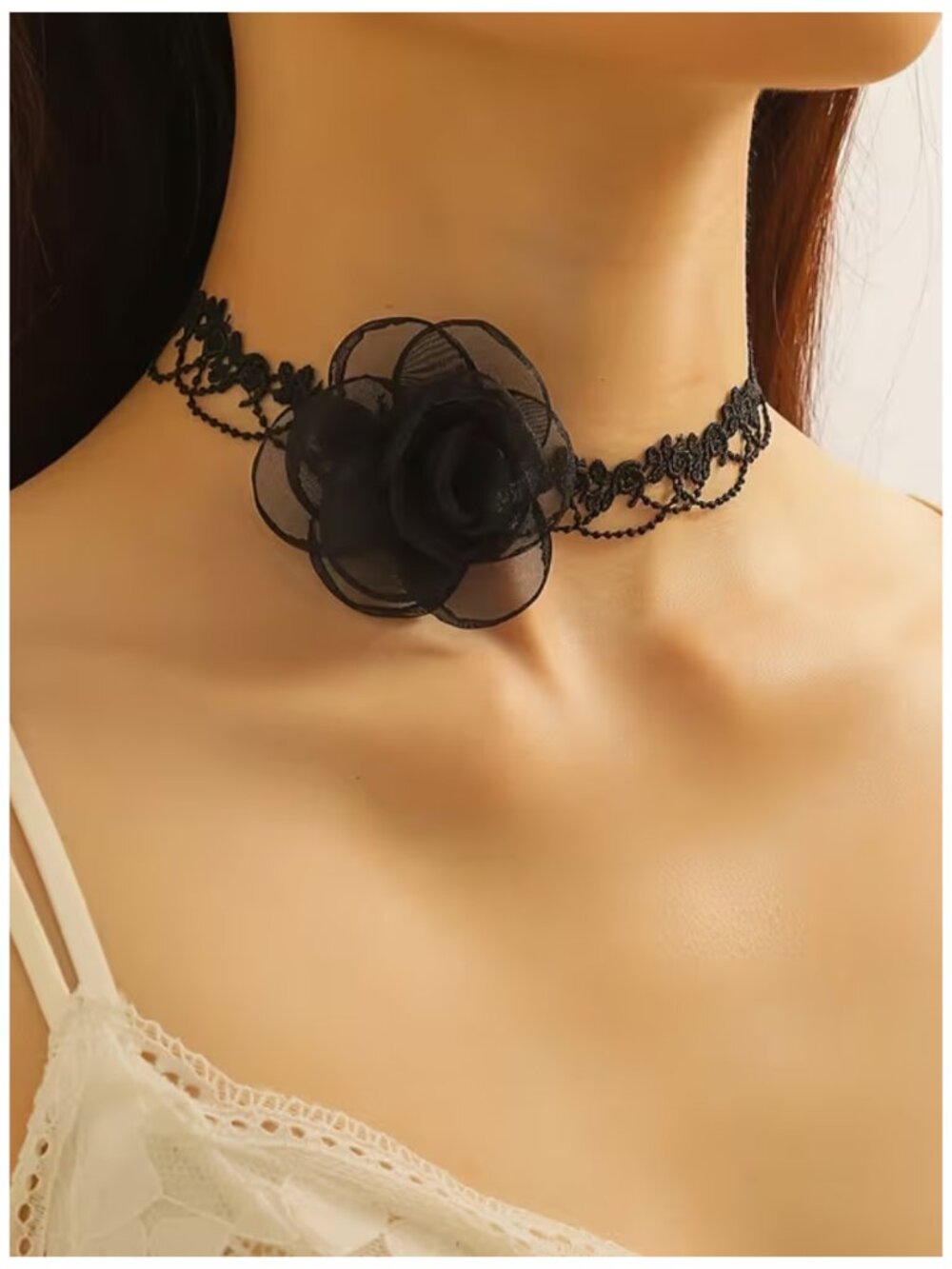 Choker Delicate Black Lace w/Black Chiffon Rose Gothic Cosplay Steampunk Party - Picture 2 of 5